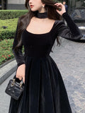 Billlnai  2023 Velvet Elegant Evening Party Midi Dresses Ladies Black France Vintage Y2k Dress Women Winter Korean One-piece Dress Autumn
