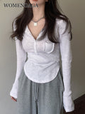 Billlnai  Sexy Hot Knitted T Shirt Women's Summer Tops Thin Sunscreen V-Neck Short Tight White Long Sleeve Top Tshirt N8DA
