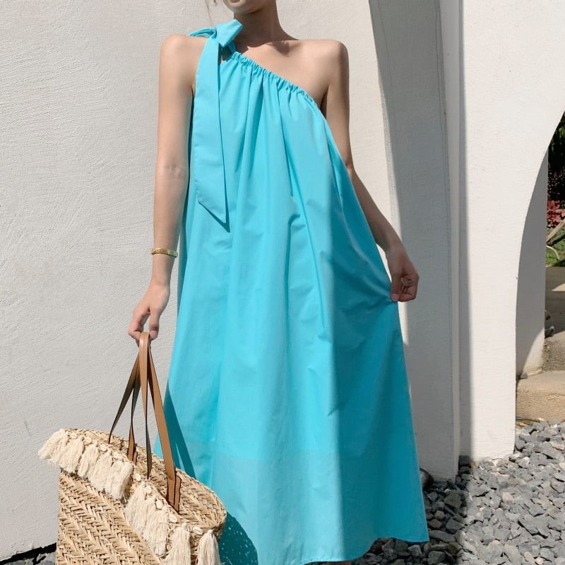 Billlnai Summer Women Beach Style Fashion Loose Long Dress Female Casual Blue Sexy Strapless Dress Vestios
