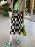 Billlnai Harajuku Plaid Skirt Women Vintage Elastic Waist A-line Korean Fashion Cute Black Long Skirt Autumn Winter Casual