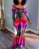 Thanksgiving Day Gifts 2023 Summer Holiday Beach Sexy Boho Dress Off Shoulder Abstract Print Mermaid Dress Long Sleeve Casual Maxi Bodycon Dress Robes
