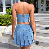 Billlnai Mini Pleated Denim Skirt and Cropped Set Women Summer 2 Pieces Outfits Female Suit Sleeveless Fashion Off Shoulder