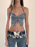 Billlnai  Y2k Butterfly Jeans Crop Top Backless Strap Camis Sexy Blue Cute Party Sweats Women Beach Holiday Mini Vest Summer Tee