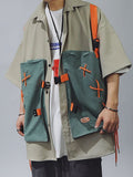 Billlnai - Summer hip hop fashion work clothes short sleeved shirt loose oversize fake two-piece vest half sleeved men