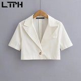 Billlnai Single Button White Cropped Blazer Women Short Sleeve Jackets Vintage Casual Office Ladies Casual Thin Coat 2023 Summer New