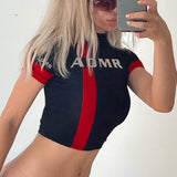 Billlnai  Y2k Letter Striped Crop Top for Women Gothic Short Sleeve Biker Moto T Shirt Women Streetwear Casual Pullover Summer Vintage 90s