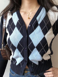 Billlnai Vintage Geometric Rhombic Cardigan Sweater Women Long Sleeve Outerwear New Autumn Winter Warm Elegant V-Neck Chic Slim Knit Tops