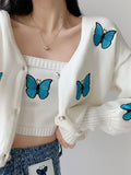 Billlnai 2023 Butterfly Sweaters Embroidery Knitted Cardigan Two Piece Set Women's Long Sleeve Y2k Clothes Sweater Short Suspender Vest