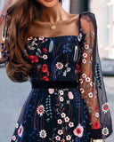 Thanksgiving Day Gifts 2023 Women Square Neck Floral Embroidery Long Lantern Sleeve Casual Dress See Through Women Sexy Elegant Party Mini Floral Dress