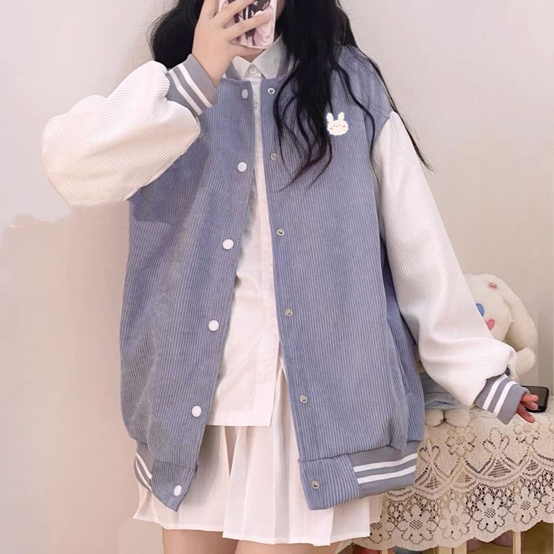 Billlnai Cute Color-Blocking Baseball Uniform Jacket Female Autumn Japan Soft Girl Korean Button-Up All-Match Cardigan Sweatshirt Jacket
