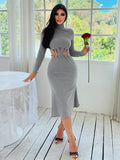Billlnai Elegant High Neck Long Sleeve Open Back Knitted Bandage Midi Dress For Women 2023 Autumn Winter Sexy Cut Out Club Party Dresses