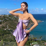 Purple Satin Women's Beach Suit With Skirt 2 Pieces Set Summer Sexy Outfits Strapless Crop Top And Mini Skirt Festival Clothing