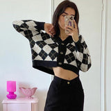 Billlnai Argyle Knitted Jumpers Button Loose Y2k Retro Sweaters Cardigans Long Sleeve V Neck Grunge Cropped Knitwear Women 90S