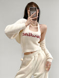 Billlnai Autumn Sweaters Vintage Knitwear Two Piece Suit Long Sleeve Cardigan Korean Fashion Letter Crop Top Set Y2k Clothes Sweater Vest