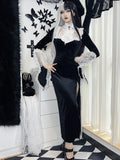 Halloween Big Sale Billlnai Gothic Black Velvet Split Dress For Women Streetwear Long Sleeve Lace Patchwork Sexy Dress Elegant Party Club Lady Dress