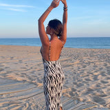 Backless Maxi Dress Summer Women Elegant Zebra Print Strap Slim Dresses Long Sexy Sleeveless Club Party Beach Dress 2023 Outfits