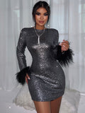 Billlnai Sexy O Neck Feather Sleeve Party Club Silver Mini Dresses For Women 2023 Fashion High Street Ladies Bodycon Dress Casual Outfits