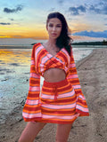 Thanksgiving Day Gifts Sexy Stripe Patchwork V Neck Long Sleeves Crop Top + Bandage Mini Skirt 2 Piece Sets Women 2023 Summer Beach Vacation Outfit