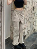 Billlnai  Drawstring Low Waist Y2K Skirt Cargo Pants Pockets Design Streetwear Joggers Womens Vintage Casual Hippie Sweatpants