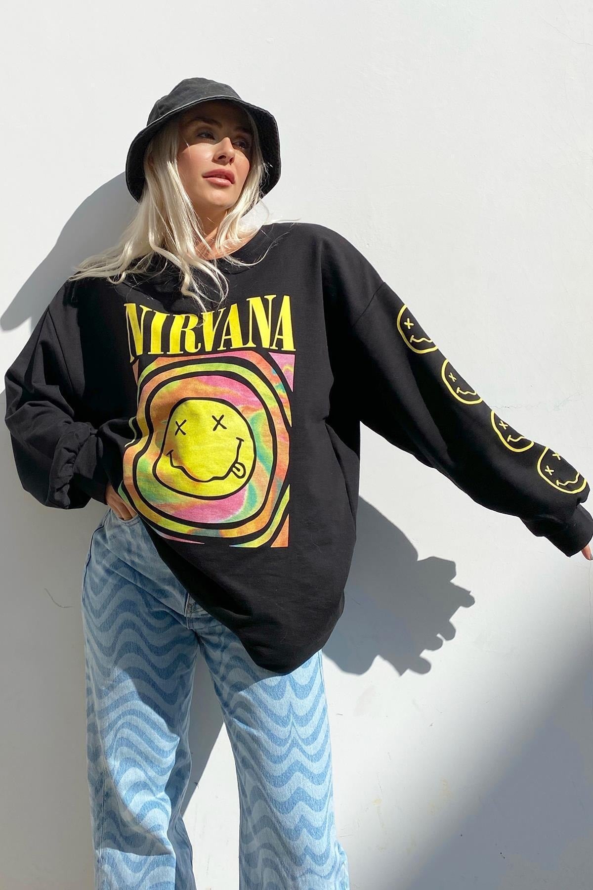 Black Nirvana Printed Bike Collar Sweatshirt