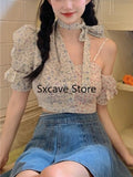 Billlnai 2023 Summer Floral Blouse Women Design Korean Style Y2k Crop Tops Female Casual French Vintage Elegant Shits Office Lady Chic