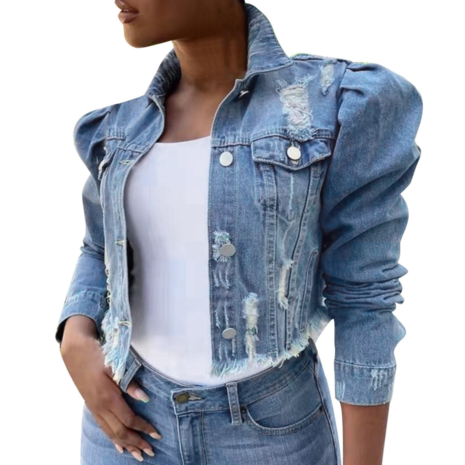 Billlnai Womne's Vintage Retro Hand-Washed Denim Coats Ladies Slim Long Sleeved Ripped Jeans Jackets High Street Single Breasted Tops