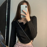 Billlnai Pure Color Y2k Crop Tops Women Sexy Slim Knitted Bloused Long Sleeve Tees Female 2023 Summer Clothing Elegant Tshirt Korean Chic