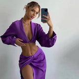Billlnai 2023 Graduation party  Satin Tracksuit Womens Two Piece Sets New Fashion Loose Deep V Neck Long Sleeve Crop Top Long Skirts Slit Sexy Outfits for Woman