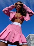 Thanksgiving Day Gifts Y2K Fashion Pink Crop Blazer + Pleated Mini Skirt 2 Peice Set Women 2023 Autumn Casual Business Ladies Suit High Street Outfit