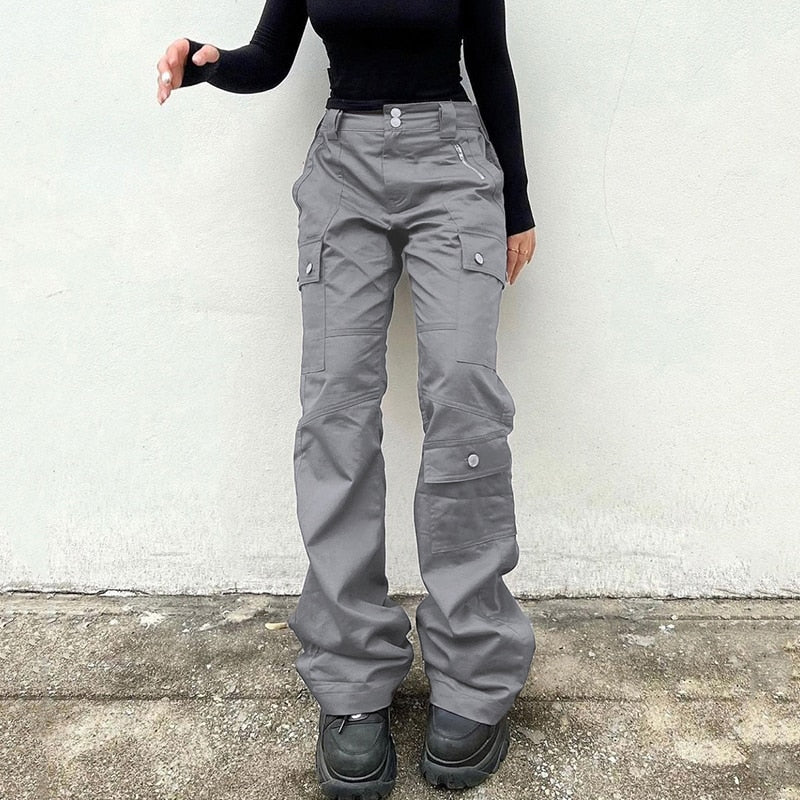 Billlnai Gray Casual Stitched Pocket Cargo Pants Women Low Waist Vintage Streetwear Jeans Korean Fashion Straight Denim Trousers