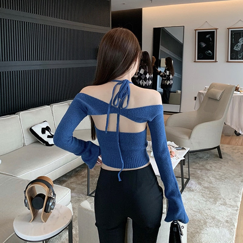Billlnai 2023 Graduation party  Y2k Women's Shirt 2 Piece Knitted Halter Cami Top and Flare Sleeve Shrug Set Blue Slim Sexy Sweater 2922 Spring Fashion Outwear