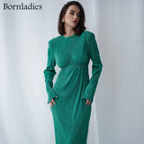Billlnai  Graduation Party Green Women Long Dress Elegant Pleated Hollow Out  Evening Ladies Dress Ankle-Length O-Neck Backless Spring Dresses