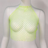 Billlnai Shiny Diamonds Halter Bandage Hollow Out Camis Backless Fishnet Crop Tops Summer Fashion Party Clubwear See Through Camisole