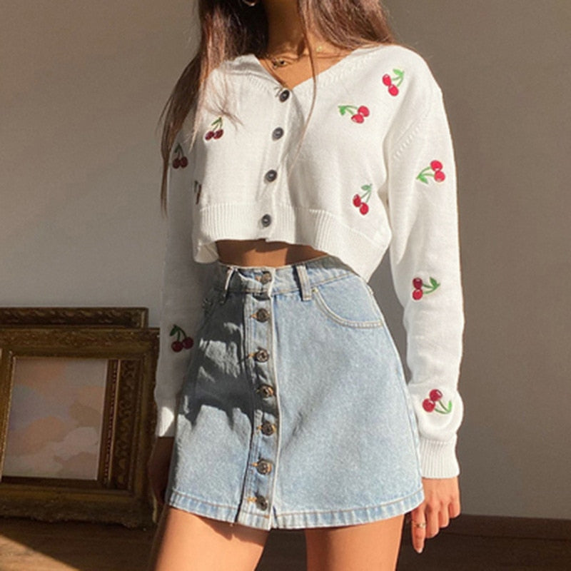 Pink Kintted Cardigans Women Autumn Cherry Embroidery Loose Sweater Coats High Streetwear White Casual Pull Tops Jackets