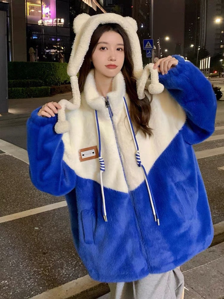Billlnai Klein Blue Bigh Faux Fur Coat For Women 2023 New Korean Trend Autumn Winter Fashion Loose Color Matching Thick Padded Jacket