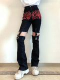 Billlnai Cyber Y2K Pants Hollow Out Techwear Gothic Emo Alt Trouser Punk Print Cut Out Baggy Jeans Fairy Button Tie Up Black Hippie Pants