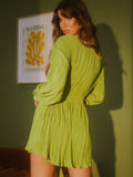 Billlnai Sexy Turn Down Collar Long Sleeve Button Up Pleated Shirt Dress With Belt 2023 Fall Elegant Slim Green Mini Dresses For Women