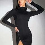 Billlnai Fashion Half High-Neck Long-Sleeved Zipper Split Black Mini Dress Women 2023 Autumn Winter Sexy High Street Club Party Dresses