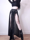 Billlnai Gothic Fairy Skirt With Buckle Women Punk E Girl Sexy See Through Long Skirts Split Summer Emo Eyelet Bandage Black Mesh Skirt