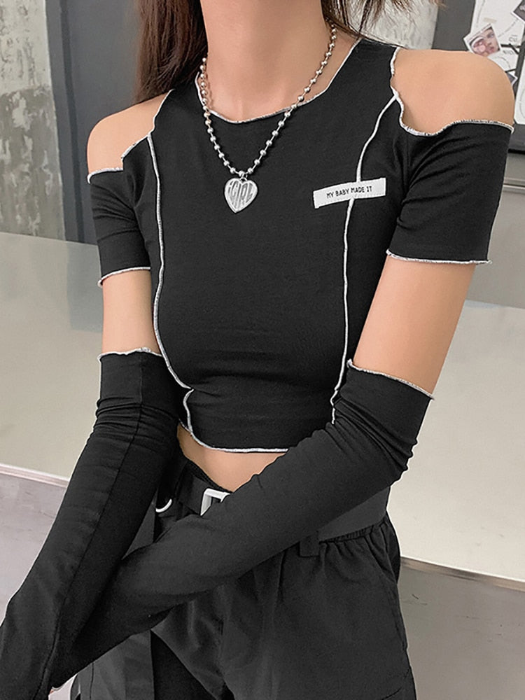 Billlnai Goth Dark E-Girl Style Patchwork Black T-Shirts Gothic Open Shoulder Sleeve Y2k Crop Tops Ruffles Hem Hip Hop Techwear Women Tee