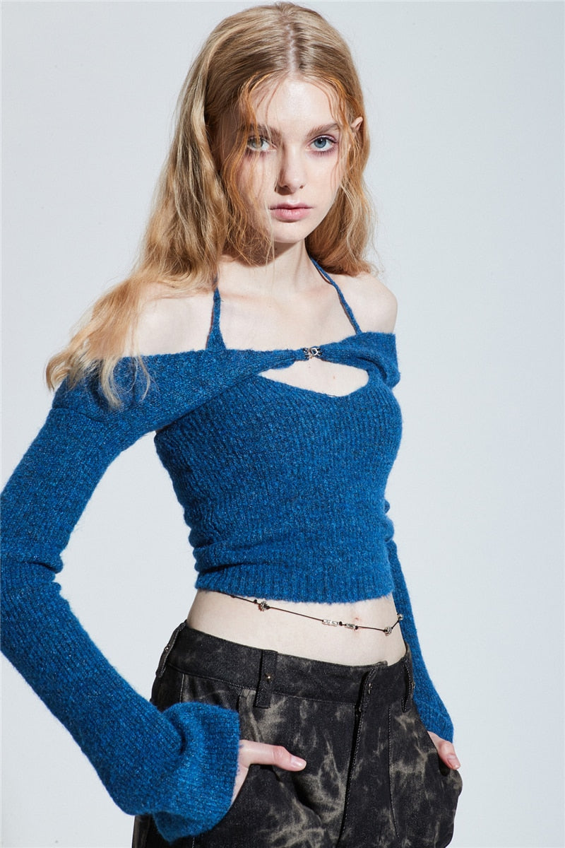 Billlnai  2023 Single Is Hell Song Zhiya Same Blue Sexy One-word Neck Off-shoulder Halterneck Sweater Cute Knitted Jumper 슬로서옥송지아Zia Top Summer