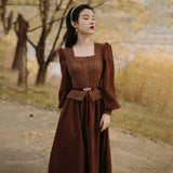 Billlnai  2023 Vintage Elegant Evening Party Midi Dresses Women Puff Sleeve France Retro Dress Solid Warm Korean Style Dress Autumn Winter