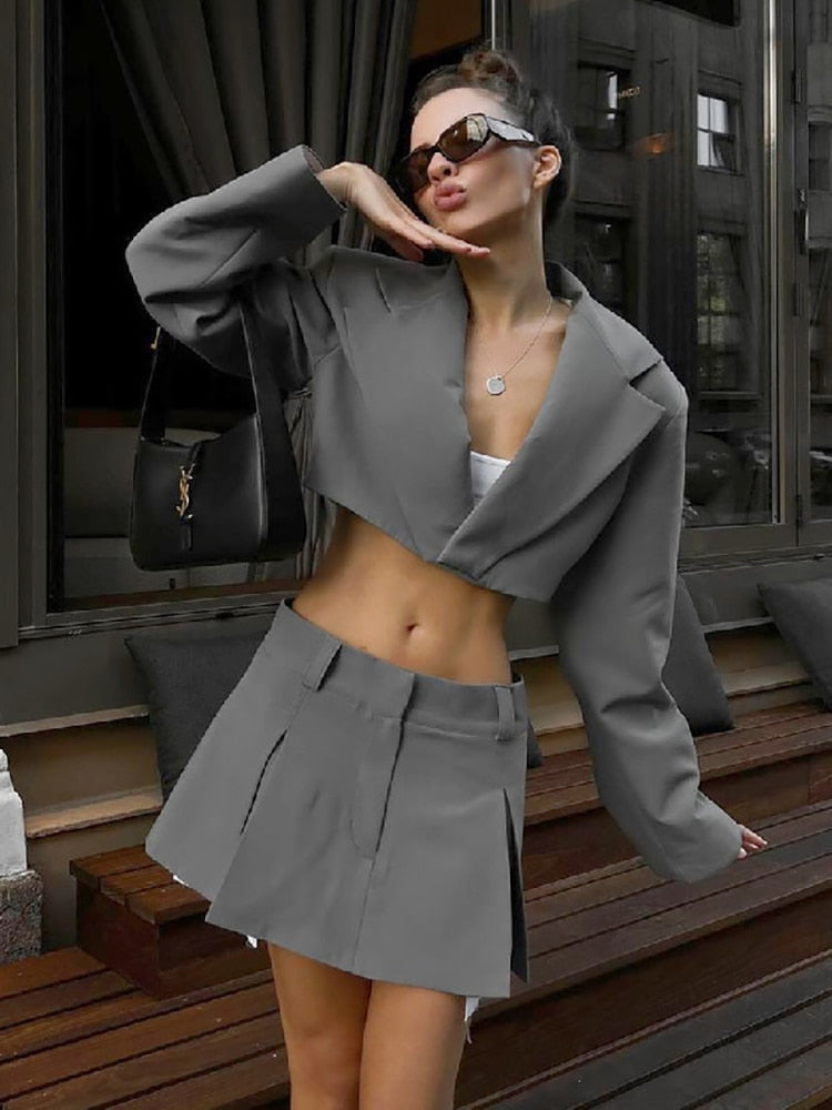 Cyber Monday Big Sales Blazer Sets Wth Skirt Autumn Crop Blazer Coats And Mini Pencil Skirt Suit Ladies Streerwear Two Piece Sets Womens Outfits
