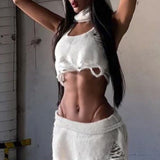 Christmas gifts Y2K Ripped White Knitted Hoodies Sweat Sleeveless Sexy Jumper Women Sporty Skinny Tank Top  Autumn Aesthetic Camisole