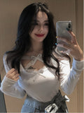 Billlnai Spring Summer Tops Sexy Bow Ribbon Long Sleeve Top Slim T Shirt Bottoming Women's O Neck Lace Cross Solid Color Retro Korea E3PA
