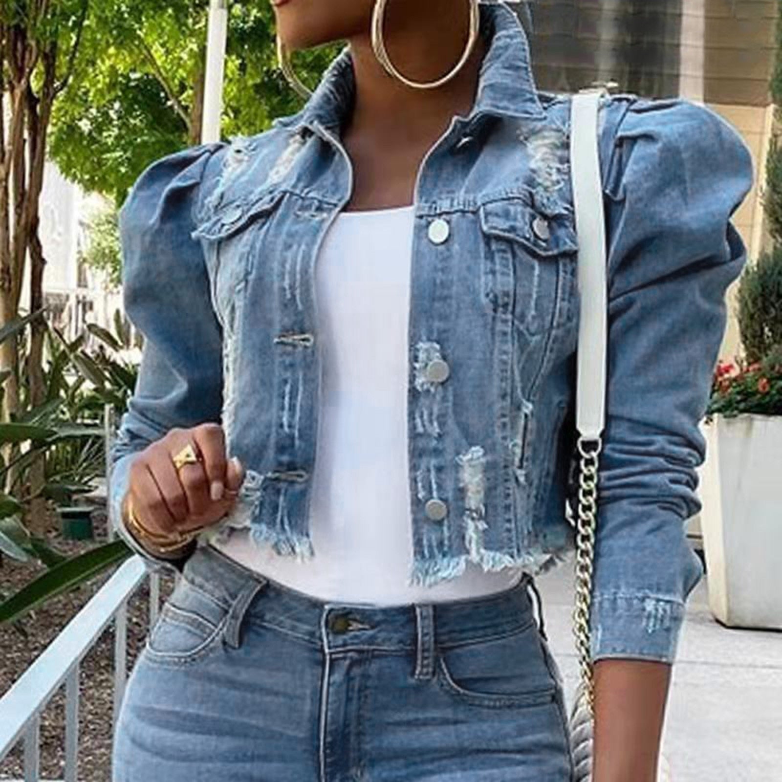 Billlnai Womne's Vintage Retro Hand-Washed Denim Coats Ladies Slim Long Sleeved Ripped Jeans Jackets High Street Single Breasted Tops
