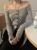 Billlnai Off Shoulder Long Sleeve T-Shirt Women Y2k Crop Tops Female Button Slim Elegant Knitted Bloused Office Lady Korean 2023 Summer