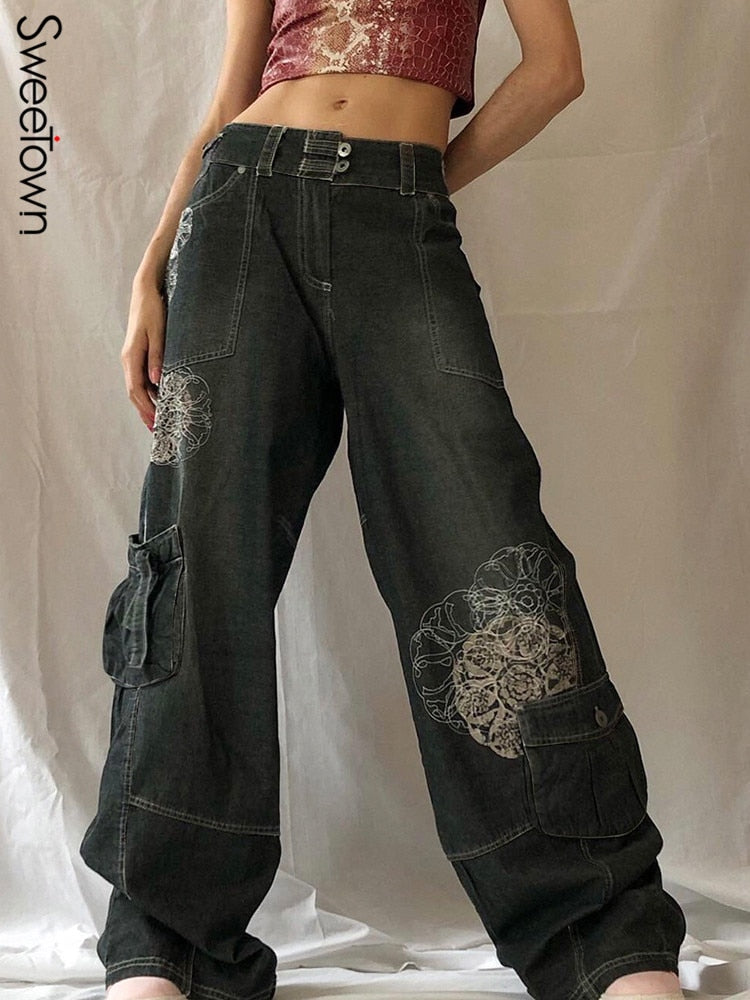 Billlnai  Streetwear Cargo Pants Grunge Baggy Jeans Woman Low Waist Casual Loose Wide Leg Pant Vintage 90S Denim Trousers