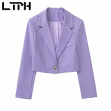 Billlnai Purple Cropped Blazer Women Streetwear Casual Long Sleeve Jacket Simple Vintage Single Button Suit Coat 2023 Summer New