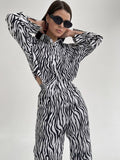 Cyber Monday Big Sales Elegant Long-Sleeved Zebra Print Crop Shirt + Loose Trousers Matching Suits Women 2023 Autumn Fashion Ladies Office Outfits